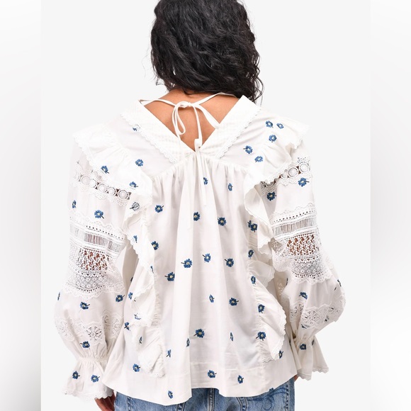 LUG VON SIGA WHITE/BLUE COTTAGE-CORE EMBROIDERED FLORAL CARLA V-NECK‎ BOHEMIAN - Picture 4 of 11